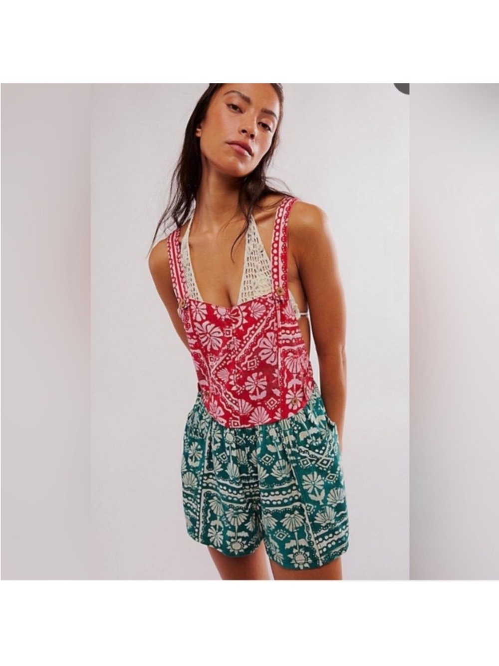 NWOT FREE PEOPLE Palm Bay Printed Shortalls Romper Red Green Combo size medium